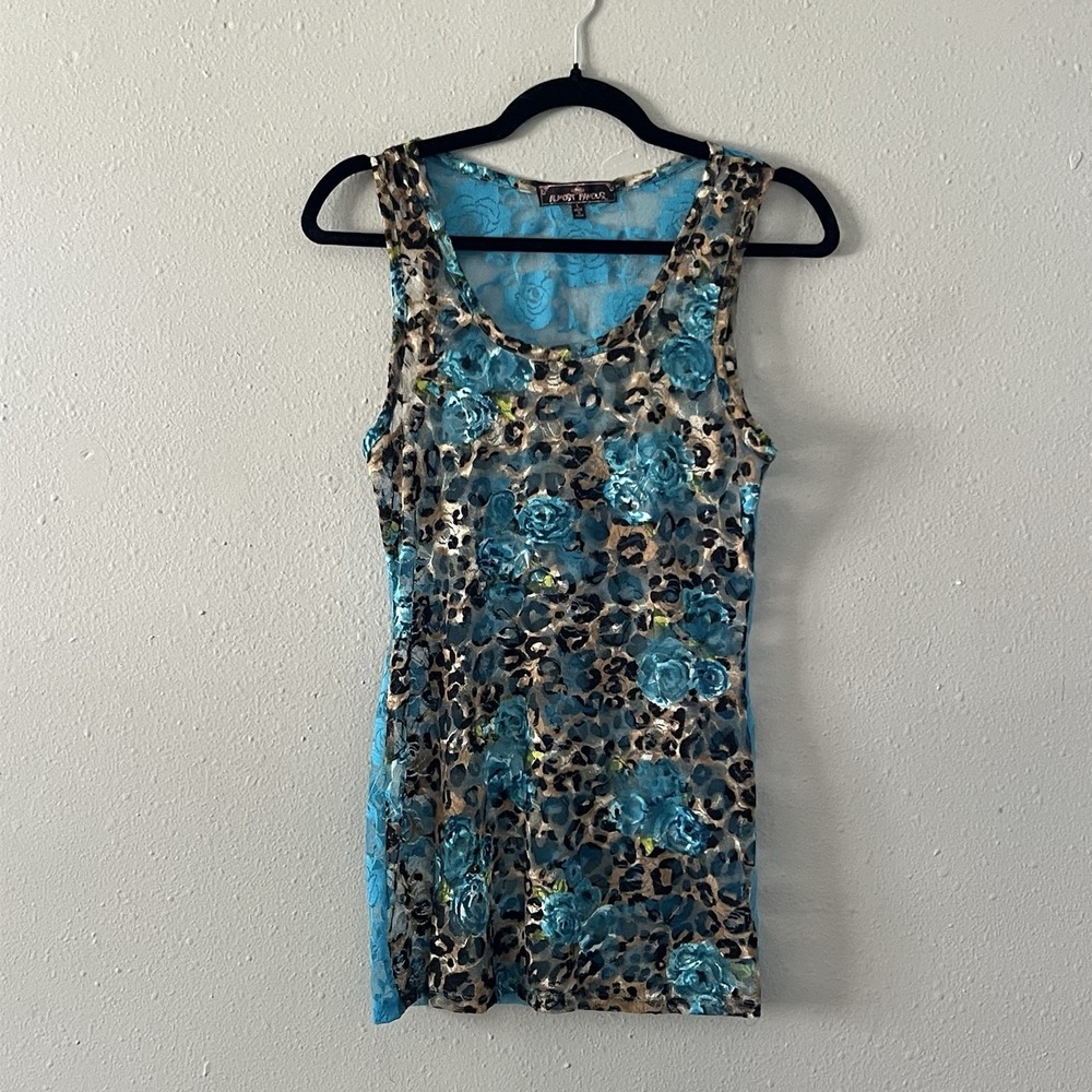 Almost Famous Y2K Sheer Lace Tank Top Large Blue Floral Leopard Print‎ 2000s - Picture 2 of 6